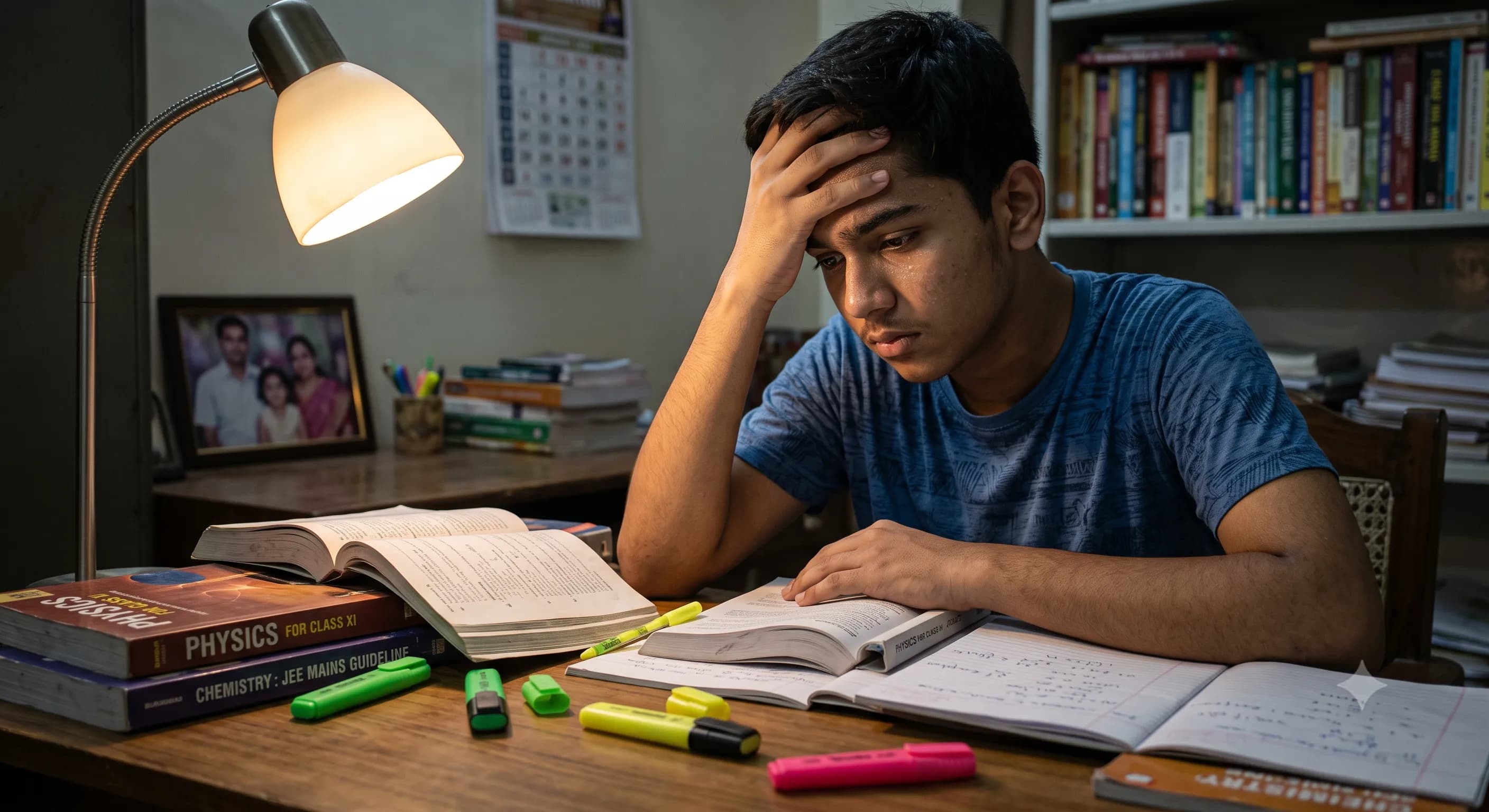 Stressed teen student studying for exams